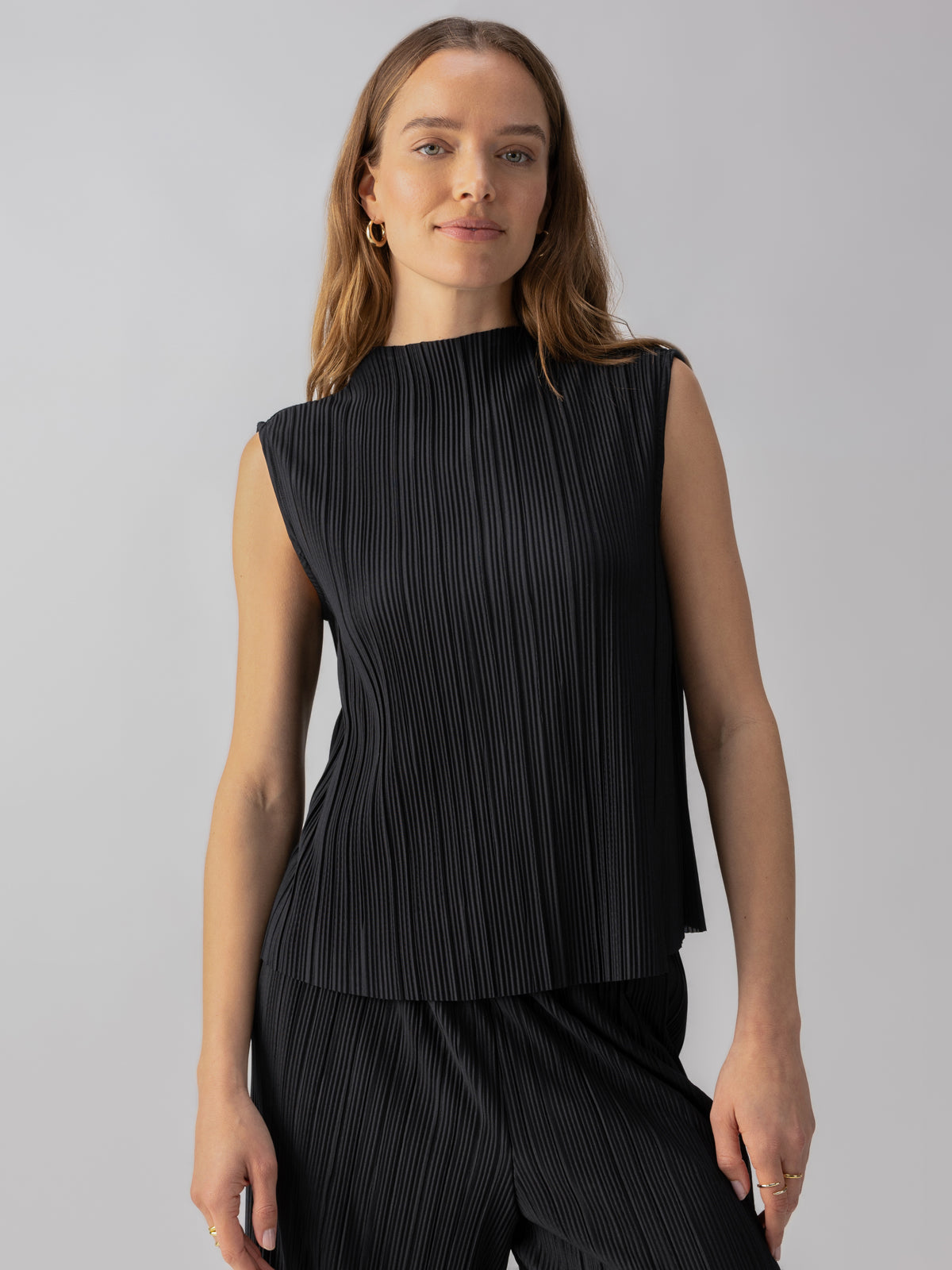 Plisse Mock Neck Top-Black