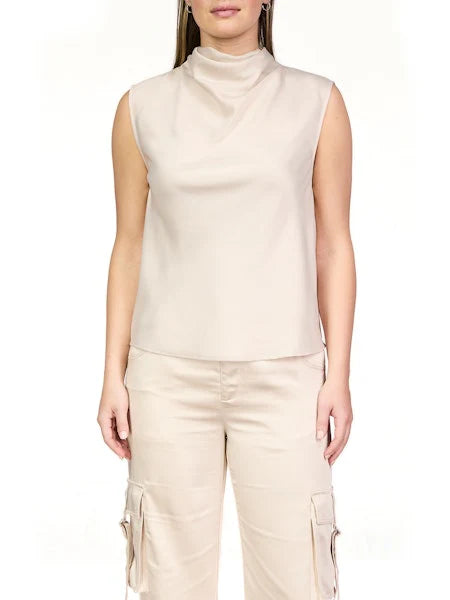 Time to Party Cowl Shell Satin Top- Toasted Almond