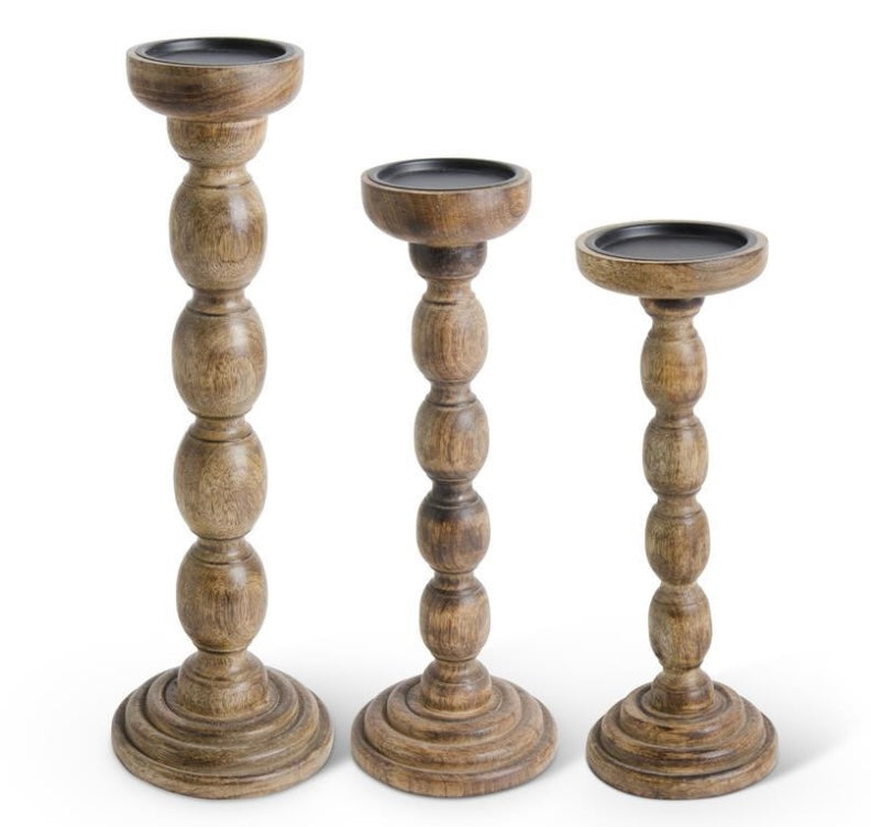 Brown Wood Spindle Candleholders (set of 3)