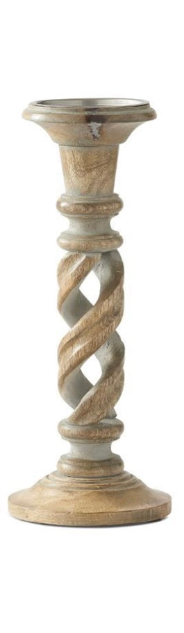 Candleholder-14.75”gray washed wood spiral cutout