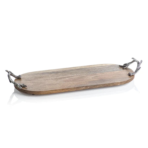 Wooden Oval Tray w/ Antler Handles