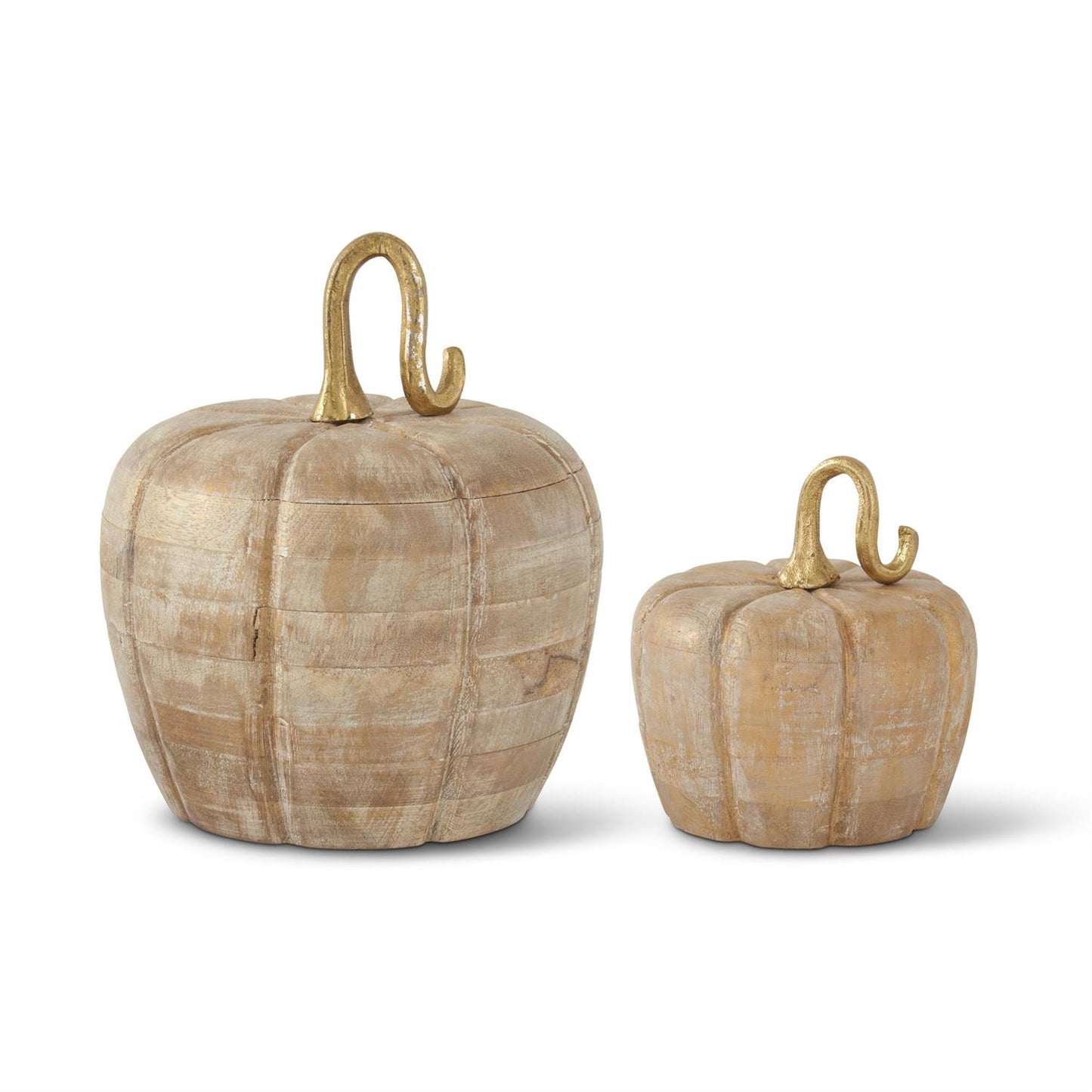 Distressed Wh&Gold Washed Wood Pumpkin 7”