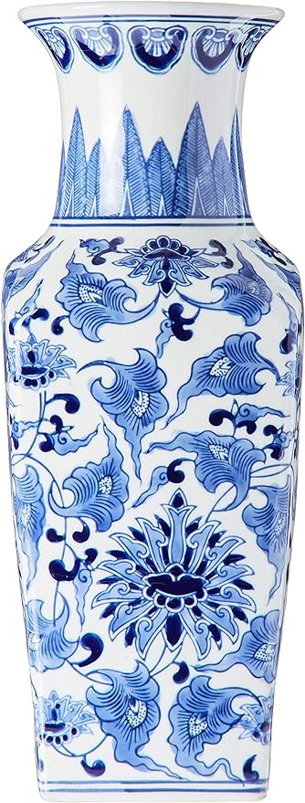 14” Porcelain Bl/ Wh Chinoiserie Sq Vase