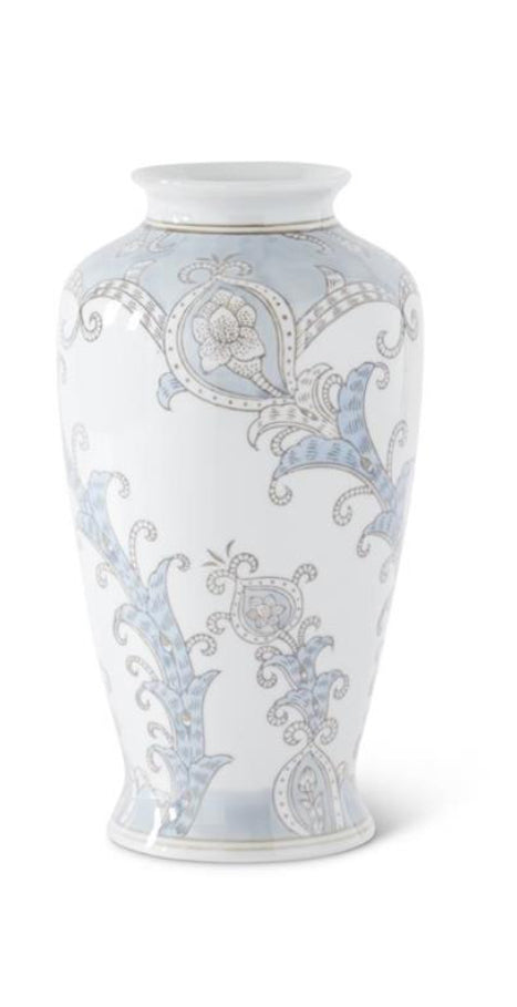 12” Light Blue & Gray Floral Ceramic Vase