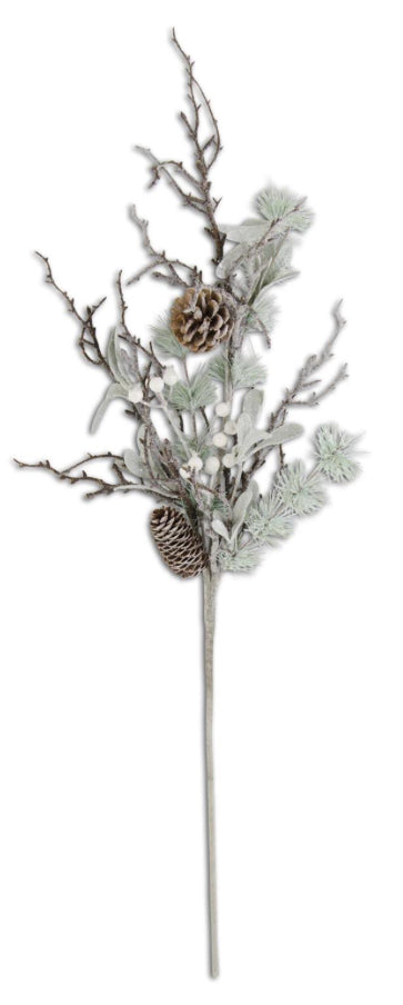 31” Glittered Twig w Pine Berries &Pinecone Branch