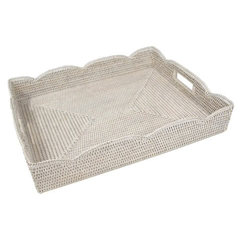 Rattan Scalloped Large Tray- White