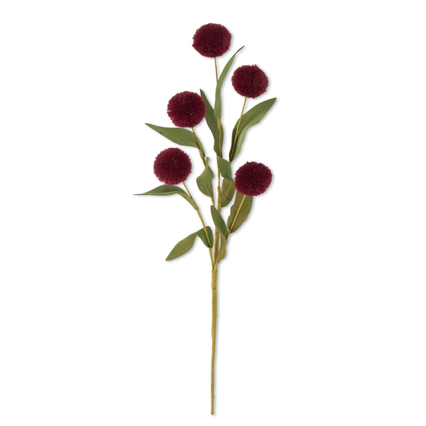 Burgandy Pompom Pick w Green Eva Leaves-6stems 13”