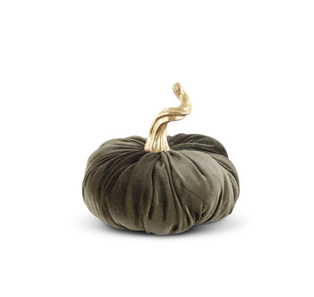 7.5 Green Velvet Stuffed Pumpkin w/ Twisted Gold Stem