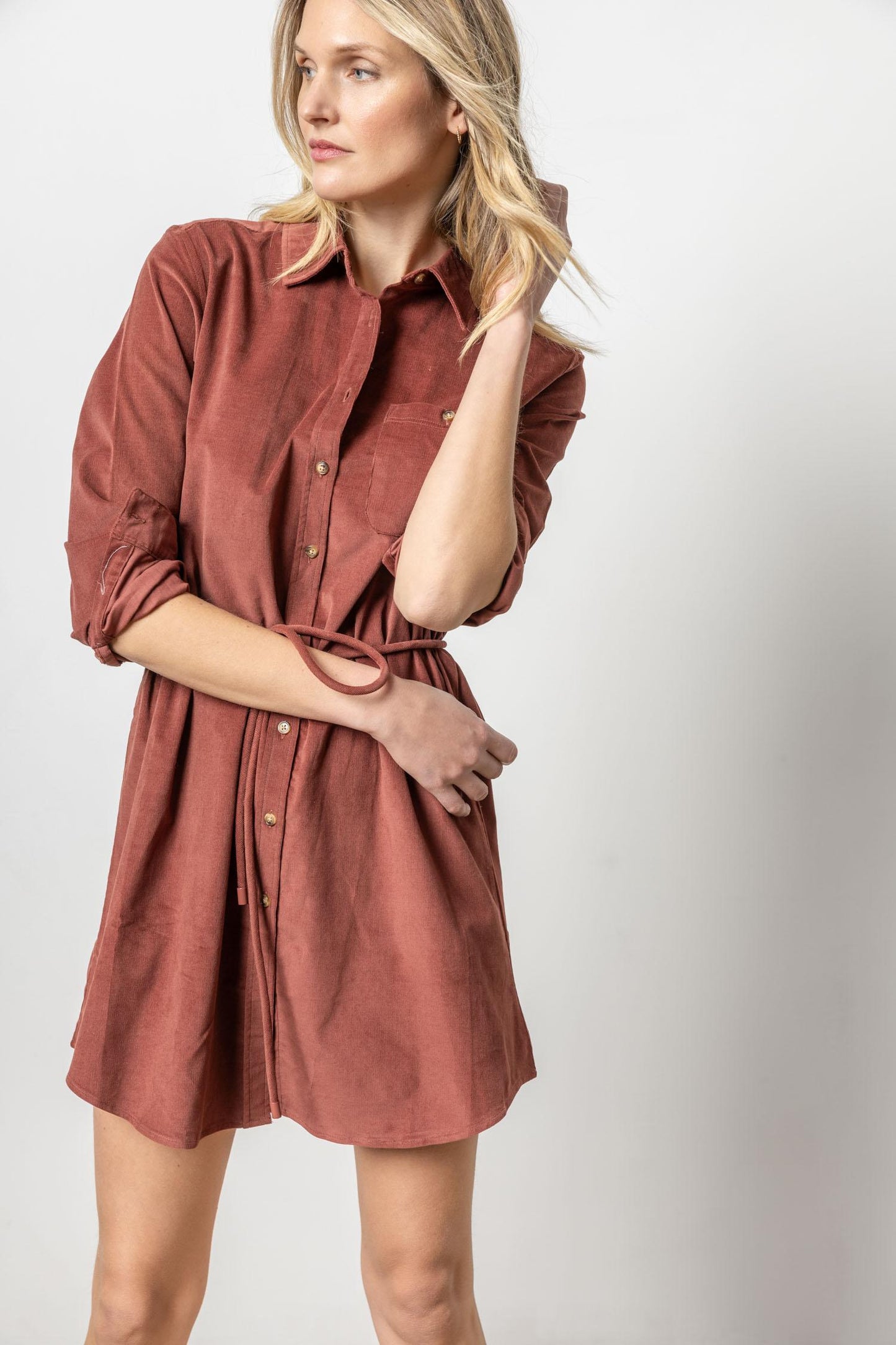 Corduroy Shirt Dress- Brandy