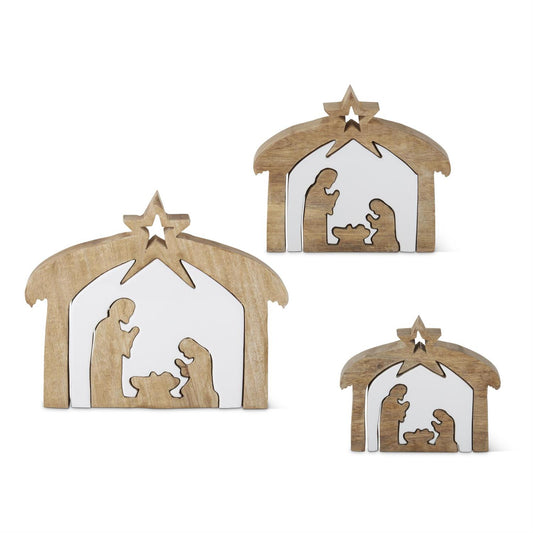 Wood Nativity w White Enameled Center Cut 5.5”