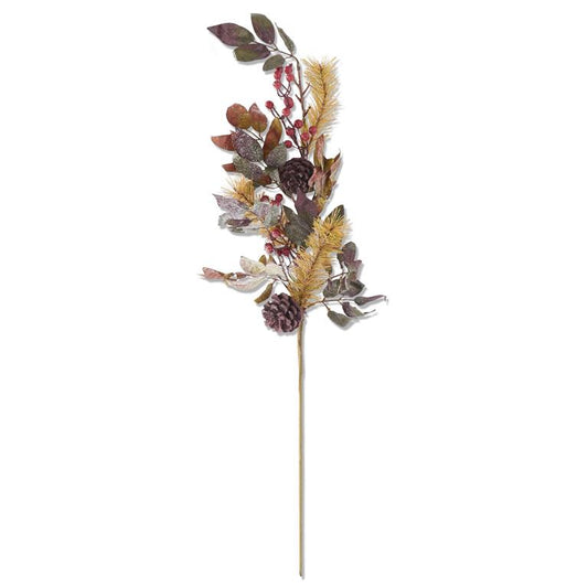 Yellow & Green Pine Stem w Burgandy Leaves & Pinecones 31”