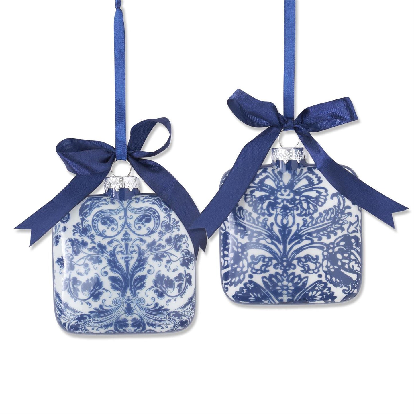 Blue & White Floral Print Square Glass Ornament 4.25”