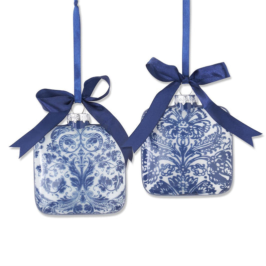 Blue & White Floral Print Square Glass Ornament 4.25”