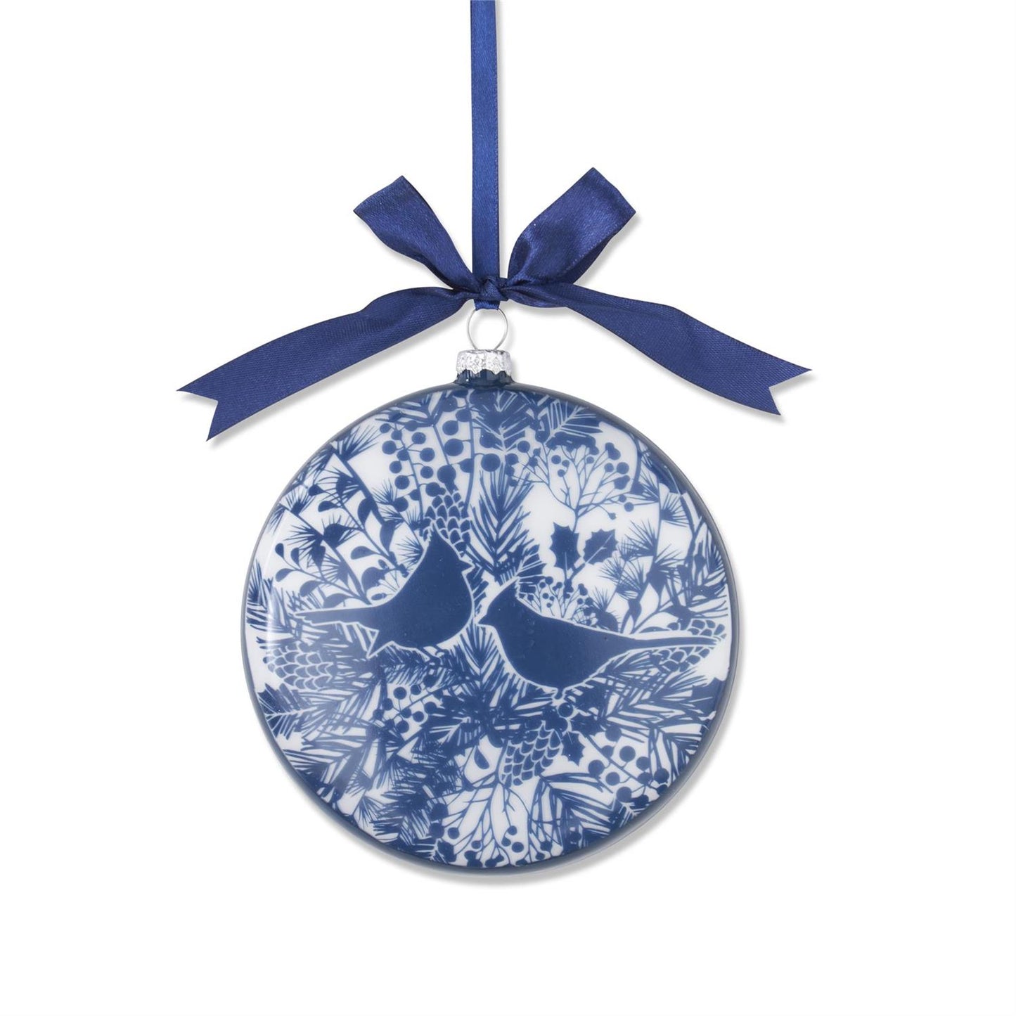 Blue &White Floral Print w Birds Flat Rd Glass Ornament 5”