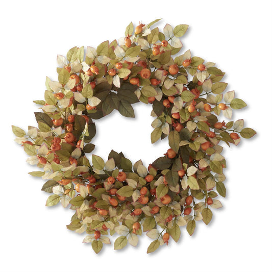 Orange Berry Wreath w Olive Green Leaves 28”