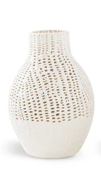 12 Inch White Ceramic Basket Weave Vase