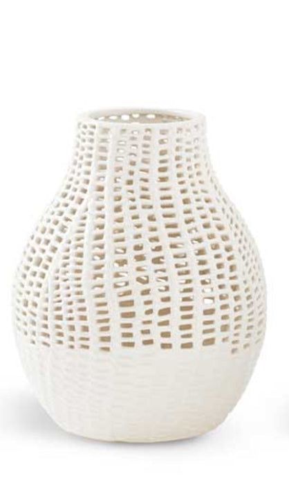 14 Inch White Ceramic Basket  Weave Vase