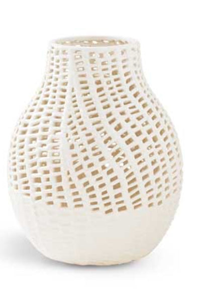 19  Inch White Ceramic Basket  Weave Vase