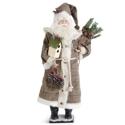 Woodland Santa in Brown Plaid Coat Holding Pinecone 26”