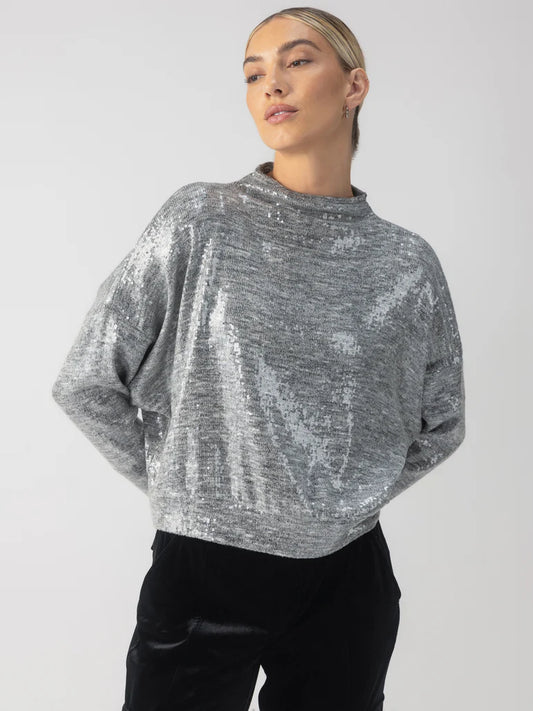 Sequin Funnel Neck Top-Heather Grey