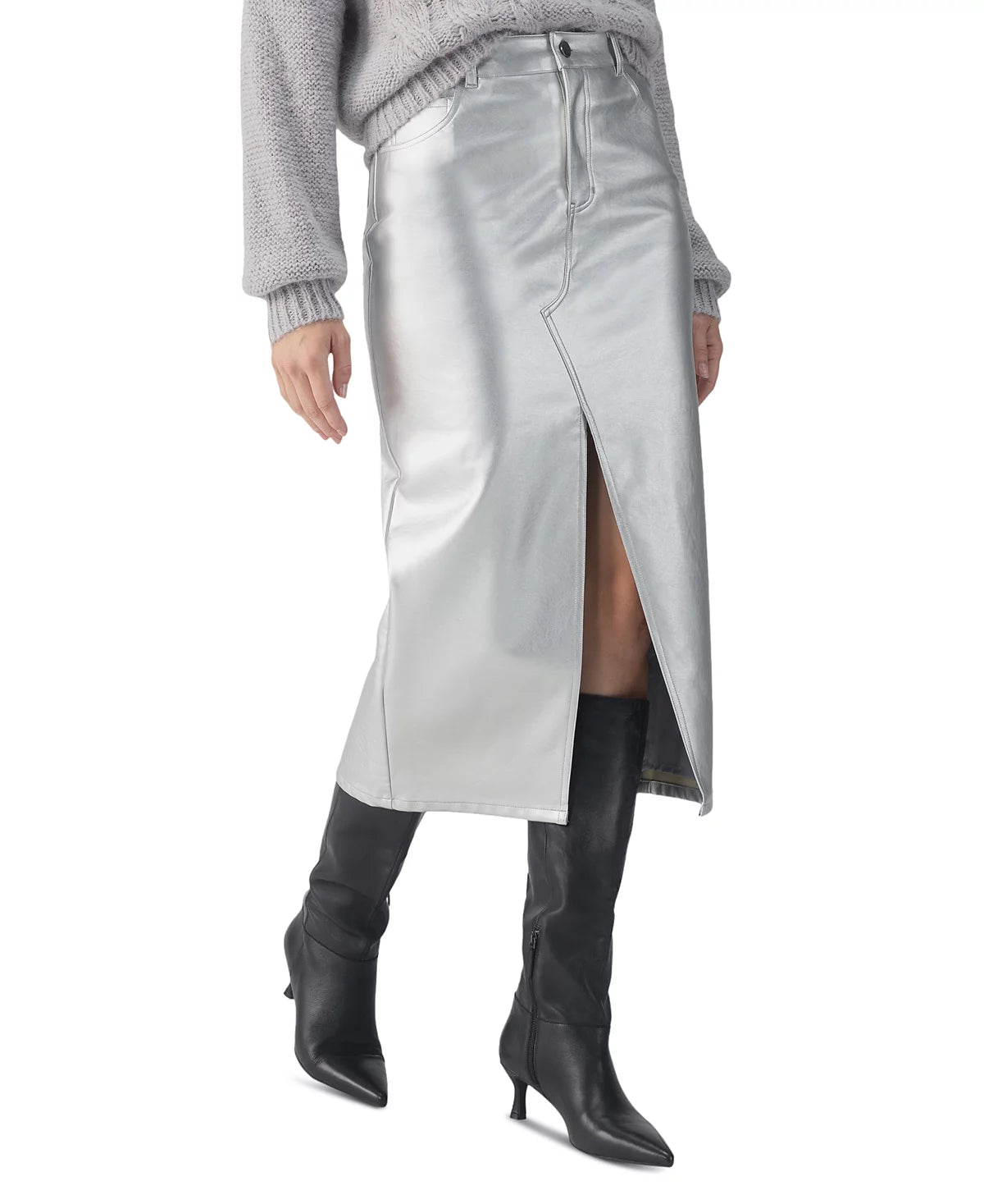 Leather Like Midi Skirt-Silver