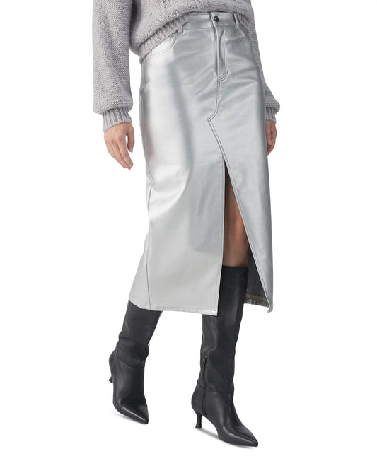 Leather Like Midi Skirt-Silver