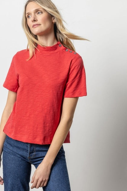 Button Shoulder Mock Neck- Cinnabar